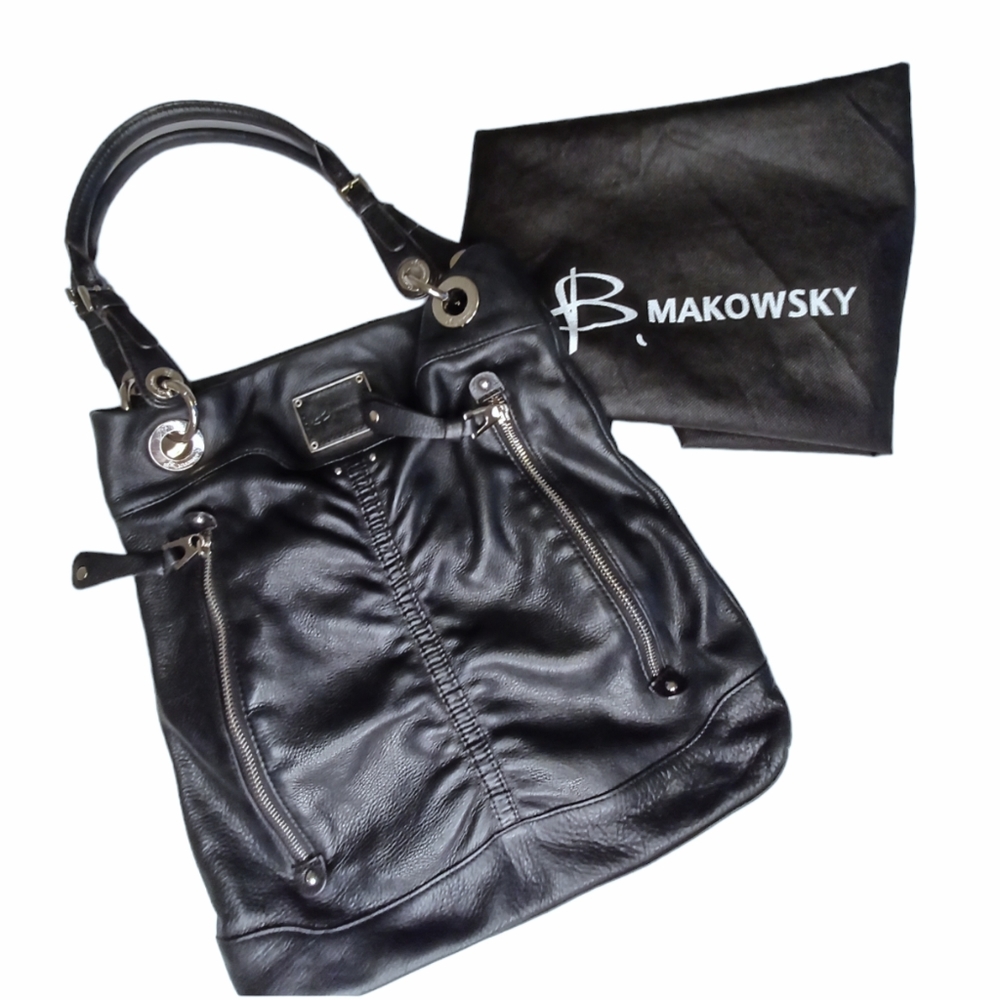 B. Makowsky Leather Hobo Style Moto Purse Shoulder Bag Black Boho Biker